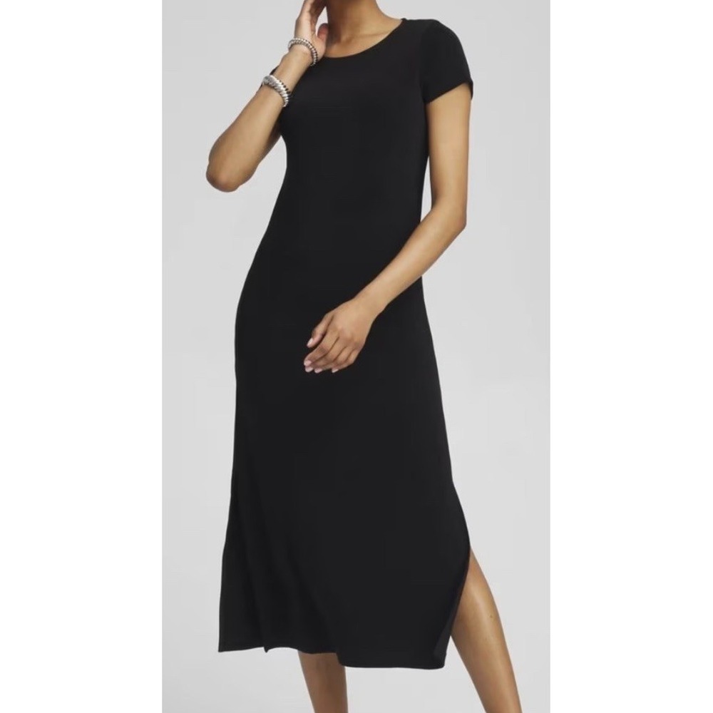 Chico's Black‎ Short Sleeve Long Maxi Stretch Dress 1 Medium MINT Travel Classic